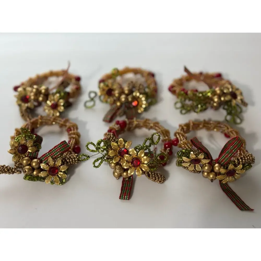 Pier 1 Exquisite Hand Beaded Gold Red Holiday Napkin Rings Set 6